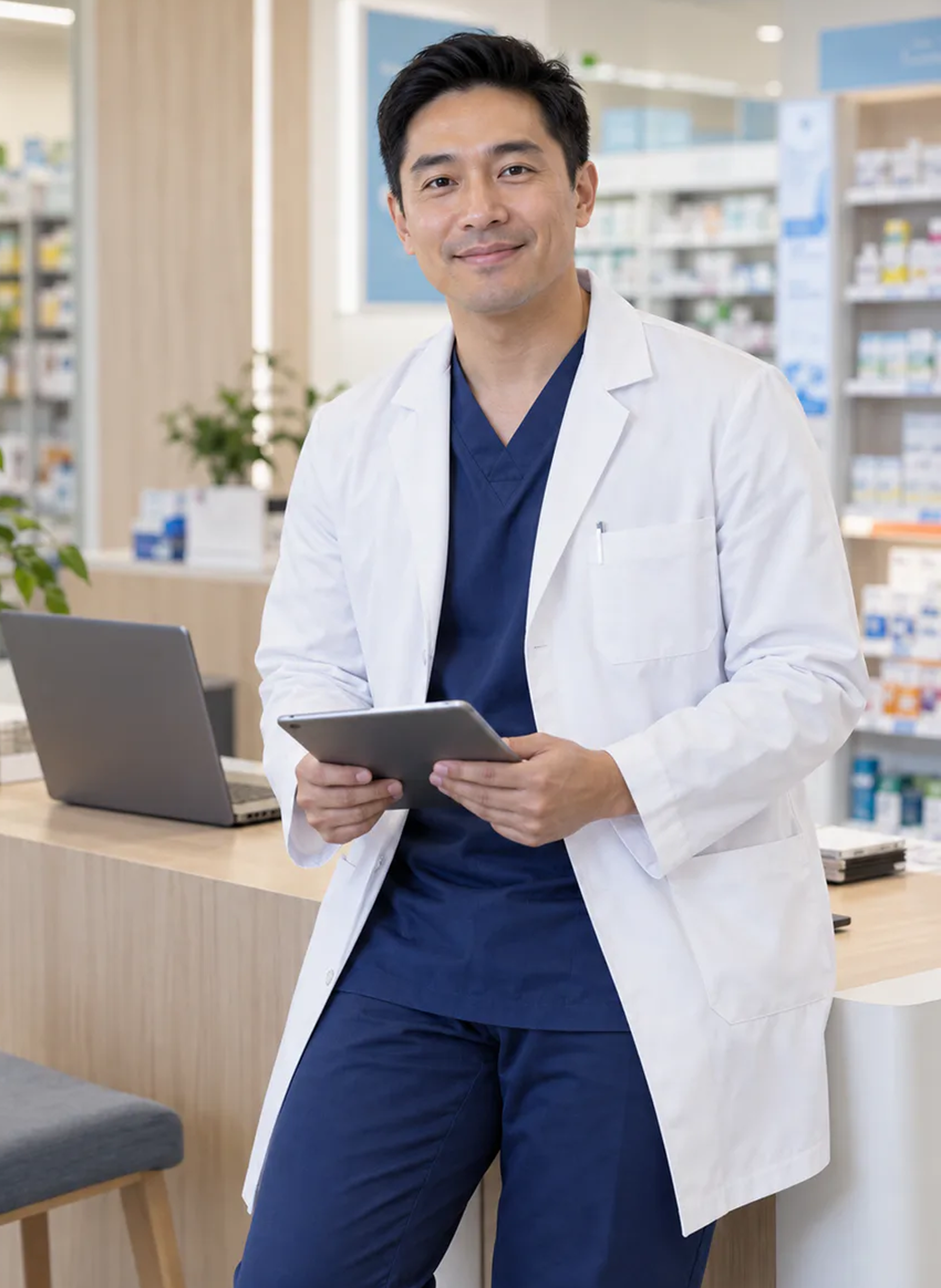 A smiling pharmacist holding a tablet in a pharmacy